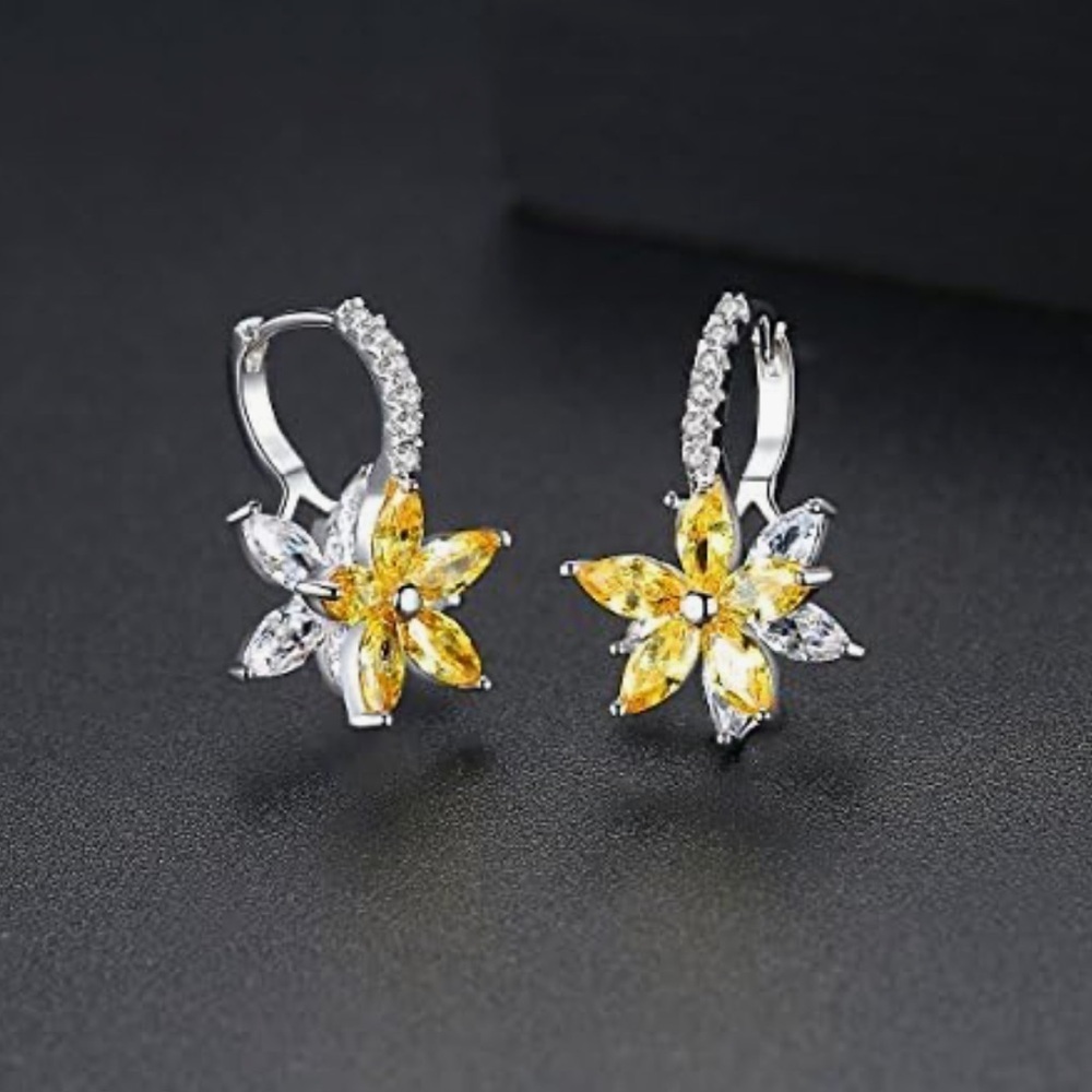 Yellow Floral Crystal Drop Earrings